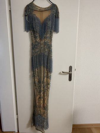 Abendkleid Champagner/Blau mit Fransen 