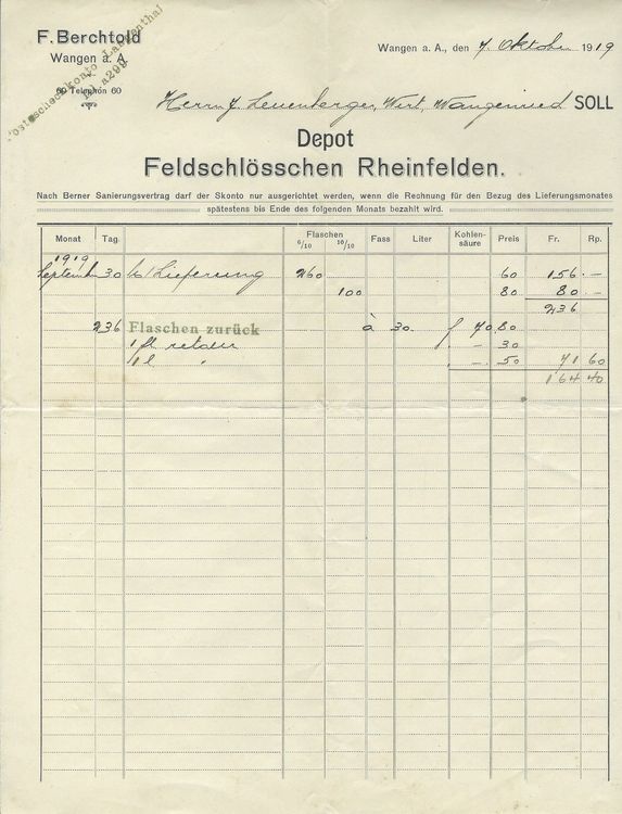 Bierrechung Depot Feldschlösschen Rheinfelden v. 7. 10. 1919 Kaufen
