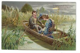 Liebespaar im Ruderboot - Schilf - Spruch - Präge-Litho 1905