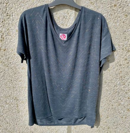 T-shirt gris à brillants, scintillant, col v