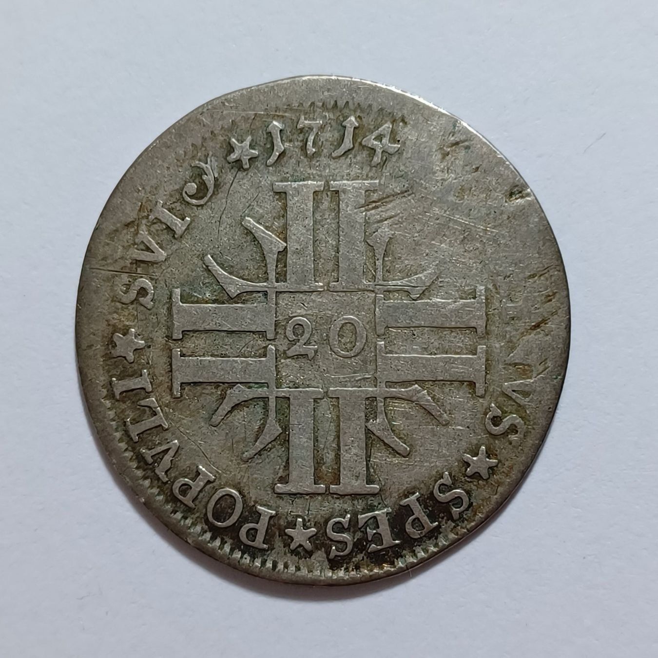 Alle Münzen: 20 Kreuzer 1714 Luzern – Gebraucht aus Pfäffikon ZH von Schweizer_Muenzen