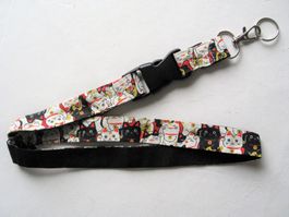 Schlüsselband mit Katzen Maneki Neko, Handarbeit