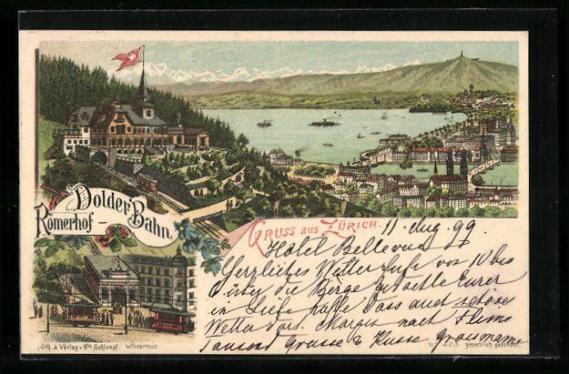 Cartoline postali: Litho Zürich, Dolder Bahn Gasthaus Röm – Usato da Berlin venduto da bartko-reher