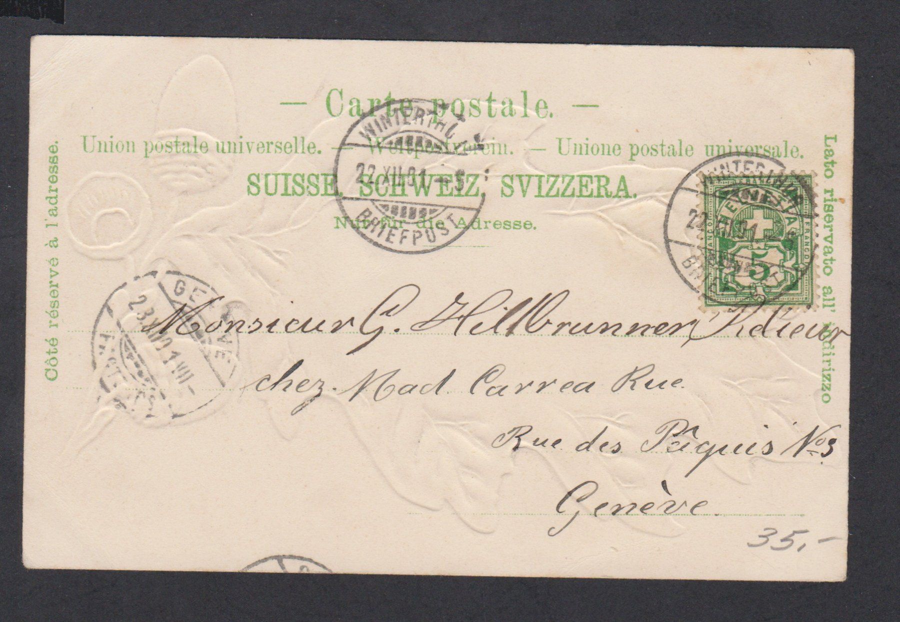 Cartoline postali: Winterthur   :   alte Ansichtskarte Präge-Litho von1901 – Usato da Vitznau venduto da Ropaku 2