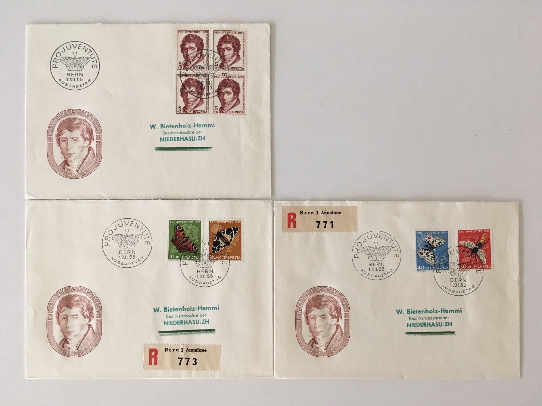 Tutti i francobolli: 3 PRO JUVENTUTE 1955 FDC gelaufen – Usato da zürich venduto da Cf8000