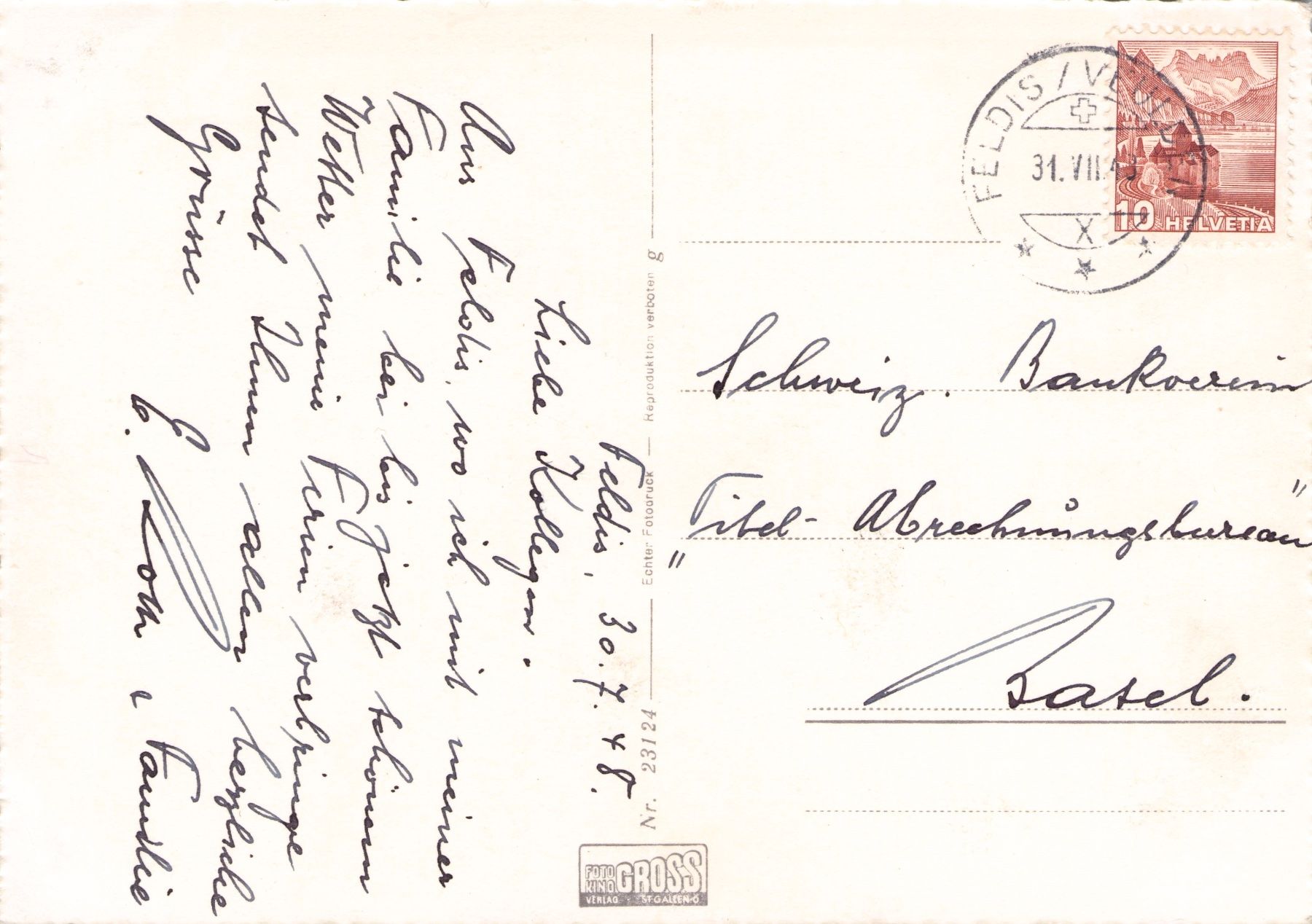 Cartoline postali: Feldis GR // 1948 Ringelspitze Domleschg – Usato da Basel venduto da intermezzo12 1