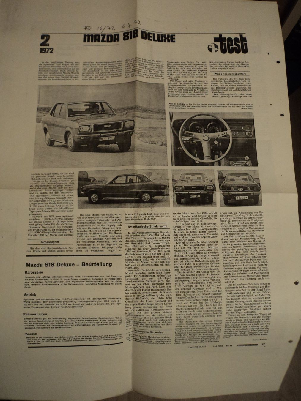 Mazda Dokumente: Prospekt Test AR Mazda 818 Deluxe von 1972 – Gebraucht aus Schwarzenburg von modelCARama 1