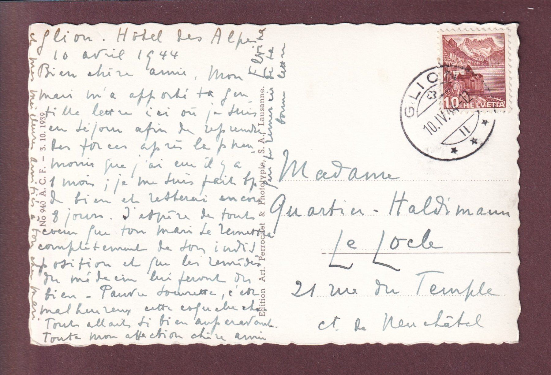 Cartoline postali: GLION - Temple - Dents du Midi - 1944 – Usato da Pully venduto da nicecards 1