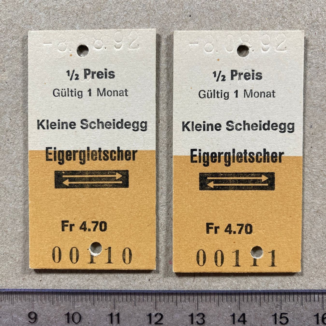 Tickets: Kleine Scheidegg - Eigergletscher 1992, Ticket Nr. 110 + 111 – Gebraucht aus Lenzburg von fh1