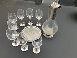 Zinn Weingläser Set mit Karaffe, 10-teilig, Vintage