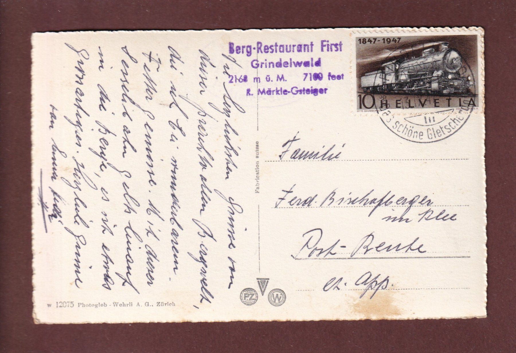 Cartoline postali: GRINDELWALD - First-Bahn - 1947 – Usato da Pully venduto da nicecards 1