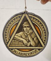 Antikes Glasbild Maurer In Labore Virtus Bleiglas Medaillon