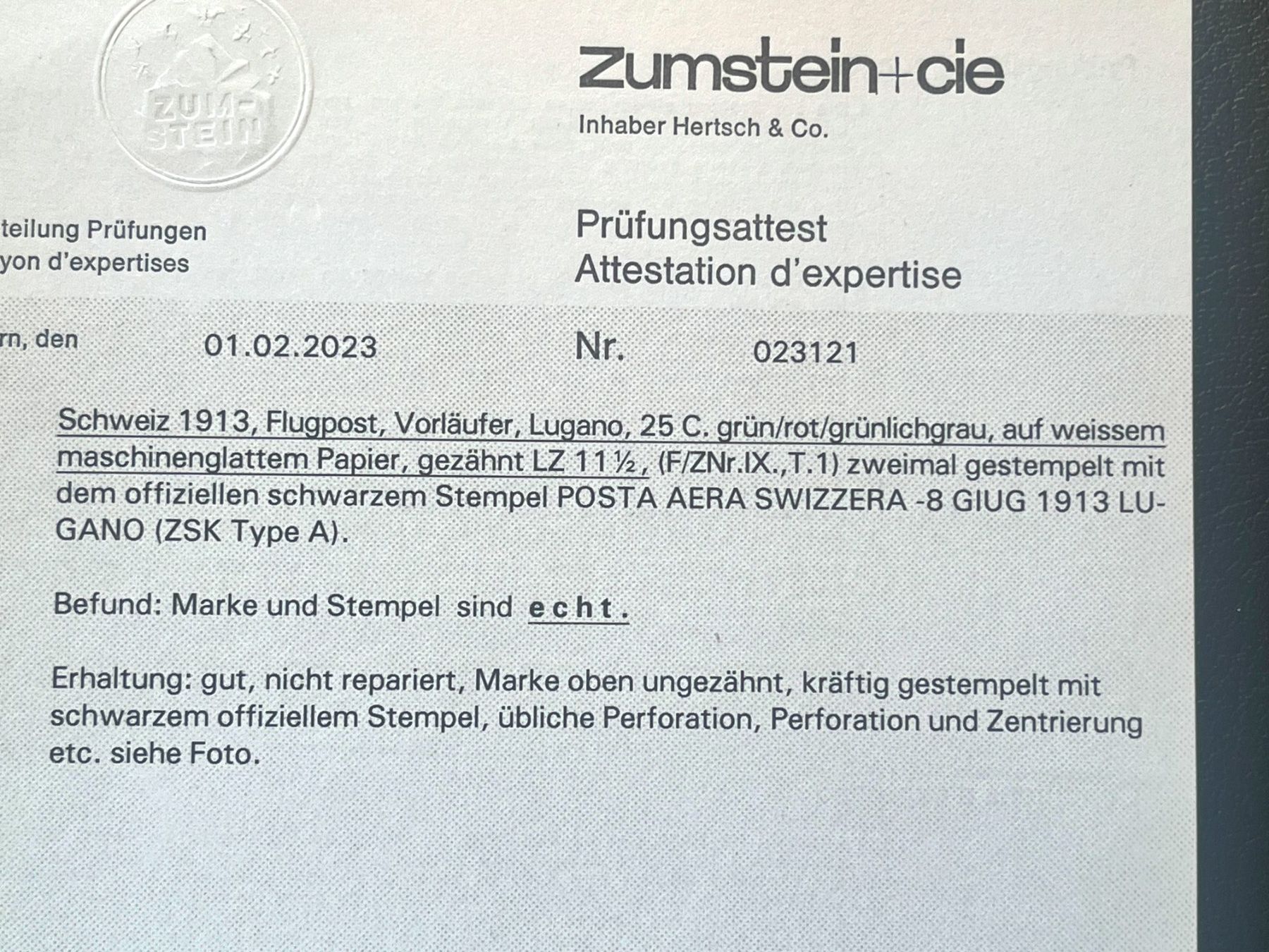 Tutti i francobolli: Flugpostvorläufer IX Lugano gestempelt (!) mit Attest – Usato da Bern venduto da myrona 4