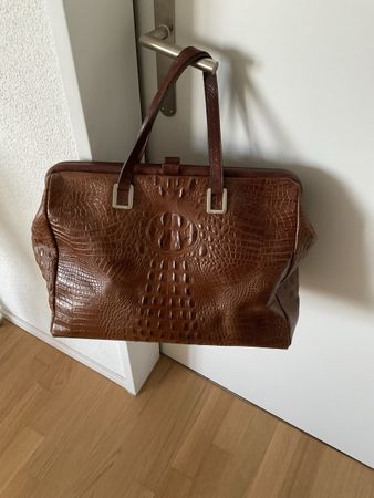 Vintage Kroko-Optik Handtasche, braunes Echtleder, Top Zusta