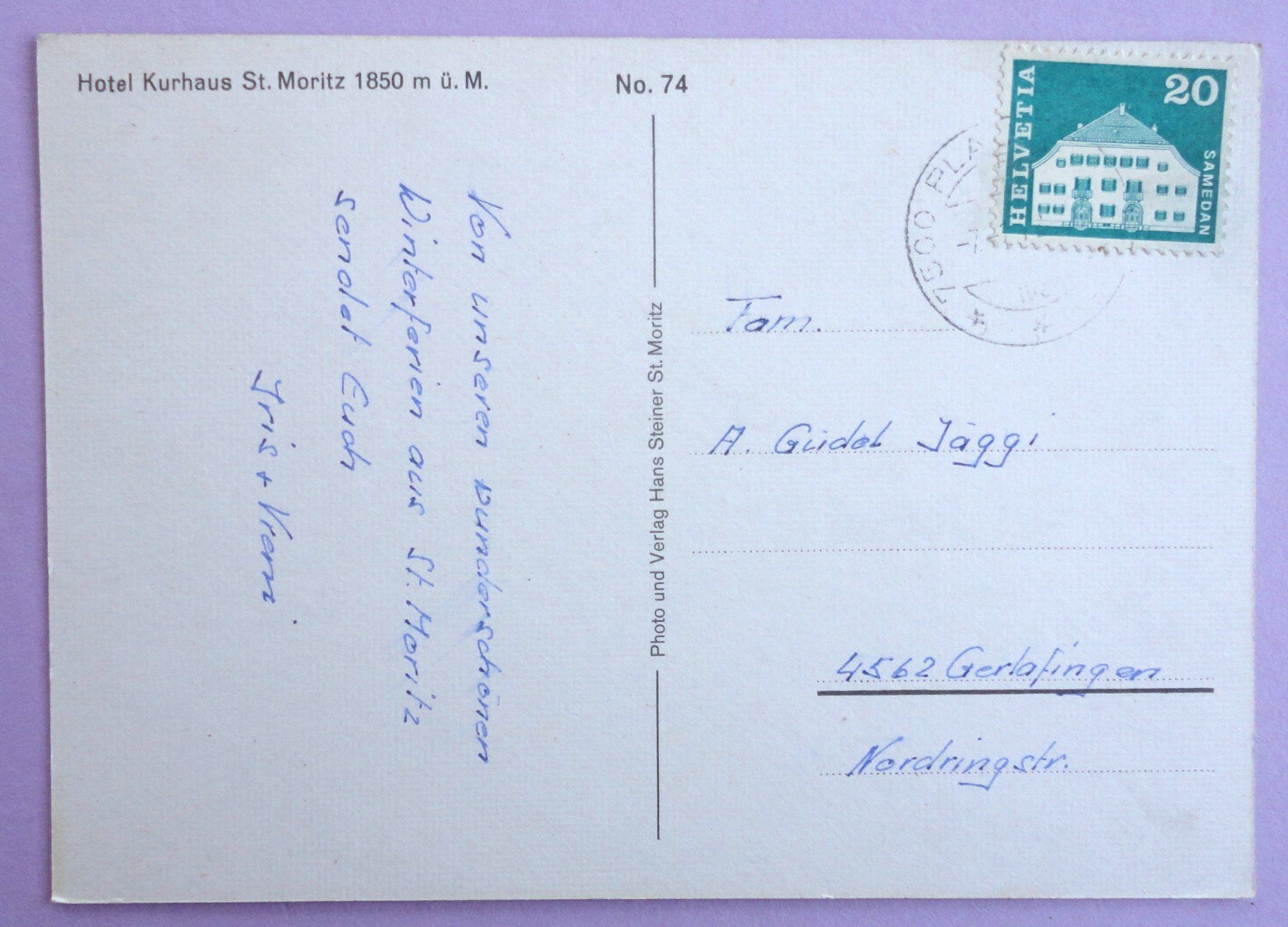 Cartoline postali: Hotel Kurhaus St. Moritz, 1850 m ü.M. – Usato da Fétigny venduto da Billy2miny 1