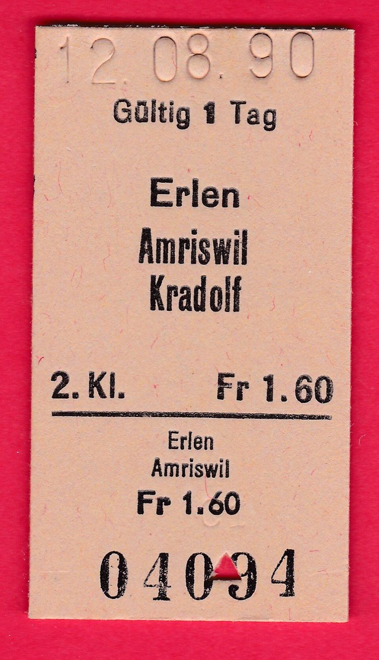 Tickets: KARTON BILLETT, ERLEN - KRADOLF, 2.KLASSE, EINFACH, 12.8.90 – Gebraucht aus Oberrieden von Gebirgsstelze