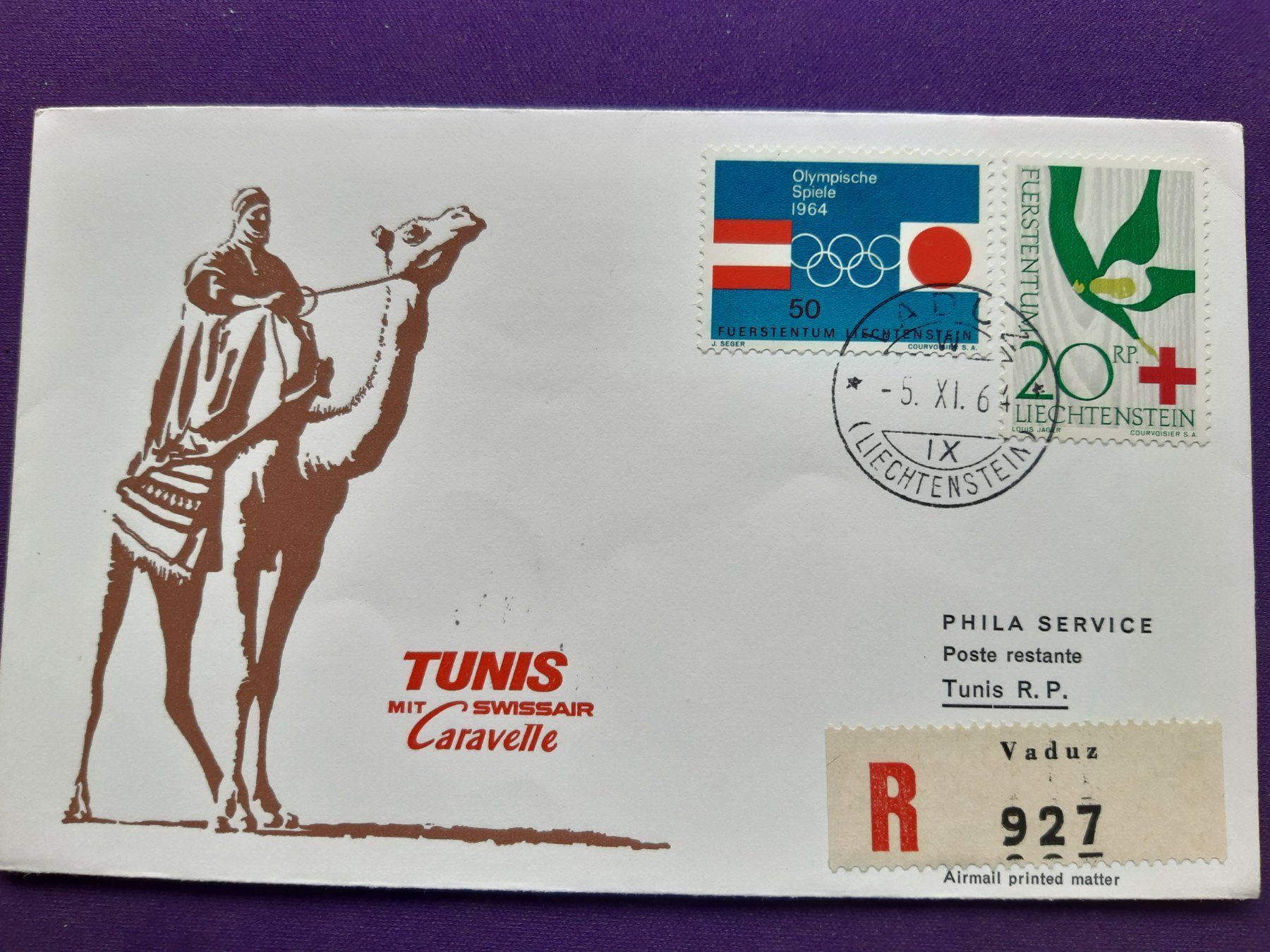 Tutti i francobolli: Flugbrief Vaduz-ZH-TUNIS, eingeschrieben, 5.XI.1964 – Nuovo (secondo la descrizione) da Wangs venduto da weisstannen01