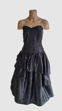 schwarzes Satinkleid Vintage Cocktailkleid Abendkleid, Gr.44