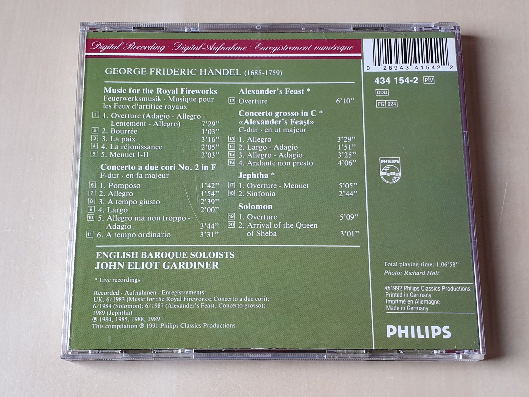 CD: John Eliot Gardiner Händel Music for Royal Fireworks – Usato da Stansstad venduto da collectorsshop 1