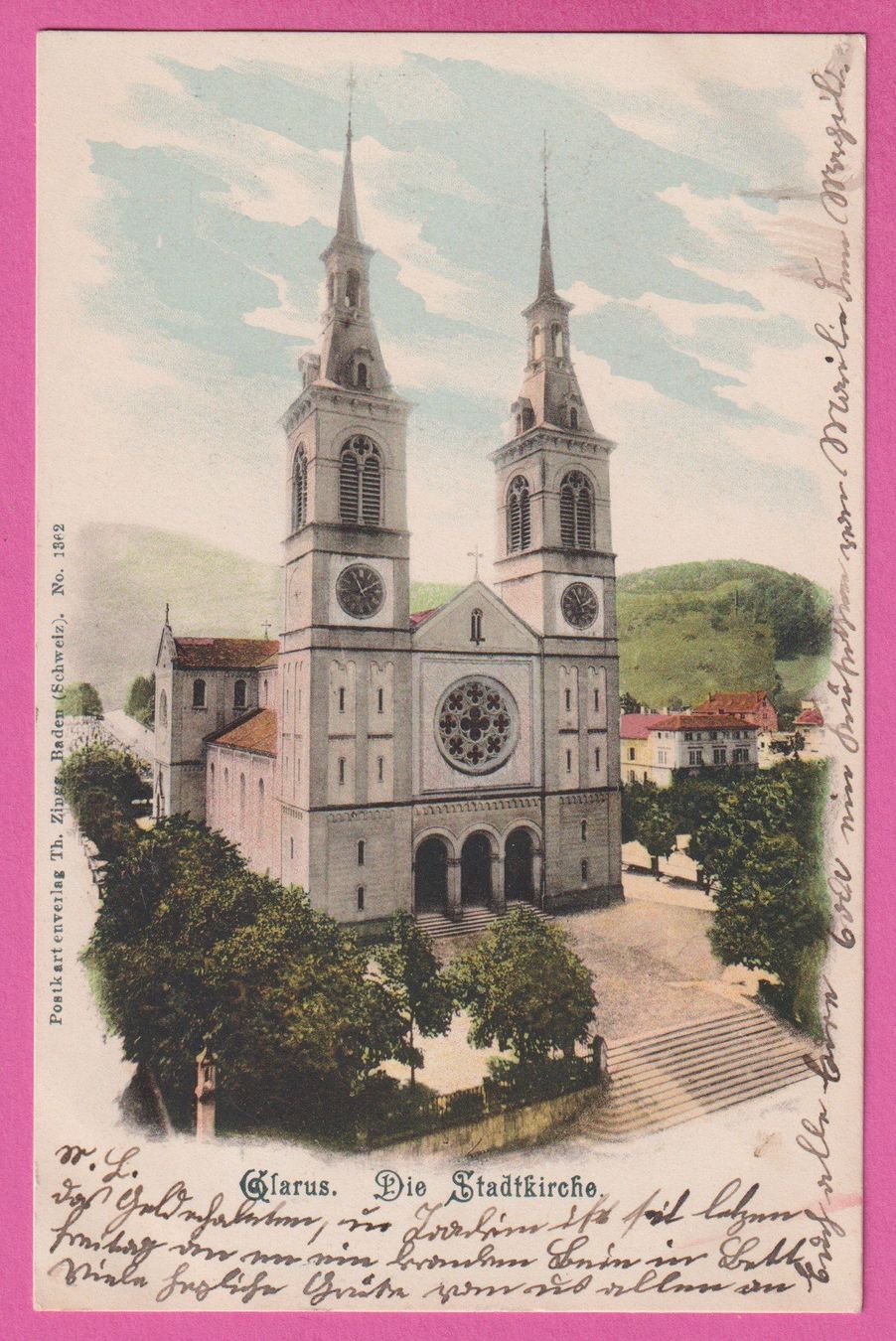 Ansichtskarten: Glarus gel 1904 Die Stadtkirche – Gebraucht aus Einsiedeln von dillie