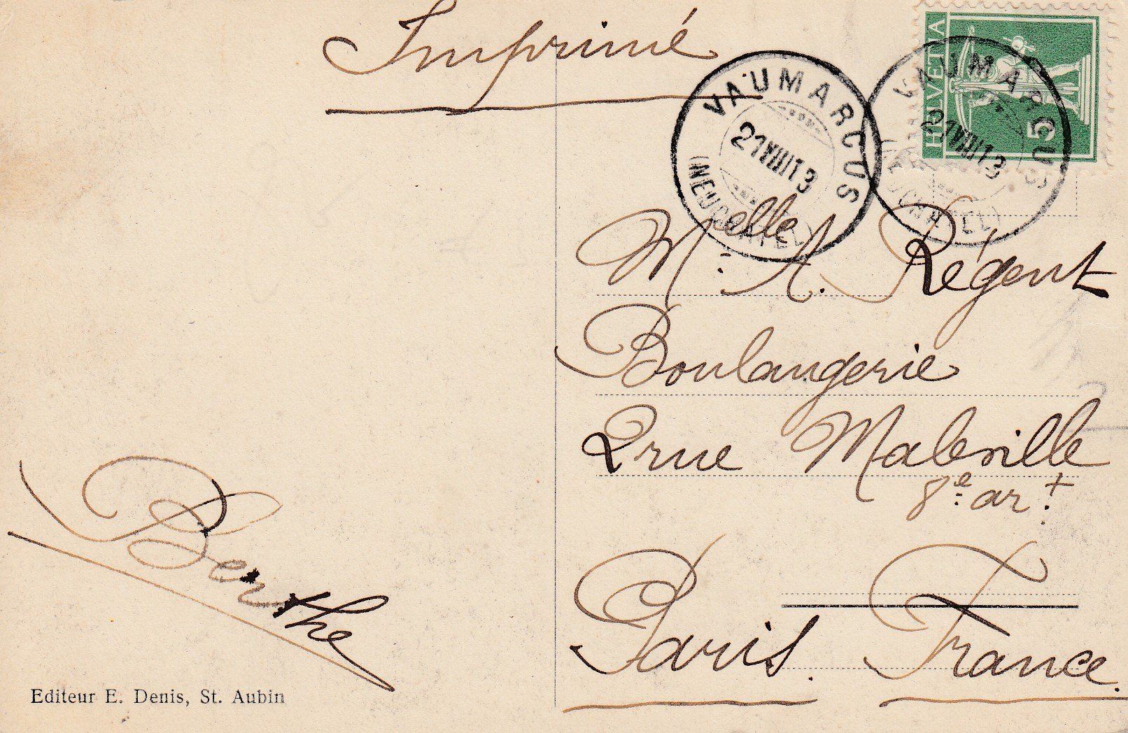 Cartoline postali: St. Aubin  NE       en 1913 – Usato da Brig venduto da Valcards54 1