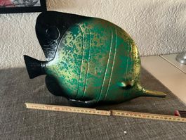 Dekofigur Fisch, Keramik, Vintage, Grün-Gold-Schwarz
