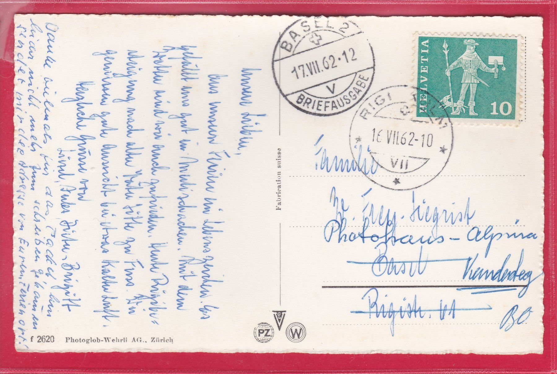 Cartoline postali: RIGI, BLICK AUF ZUGERSEE, 17.7.1962 – Usato da Oberrieden venduto da Gebirgsstelze 1