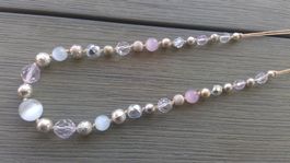 Collier perles blanches & perles rose œil-de-chat, NEUF