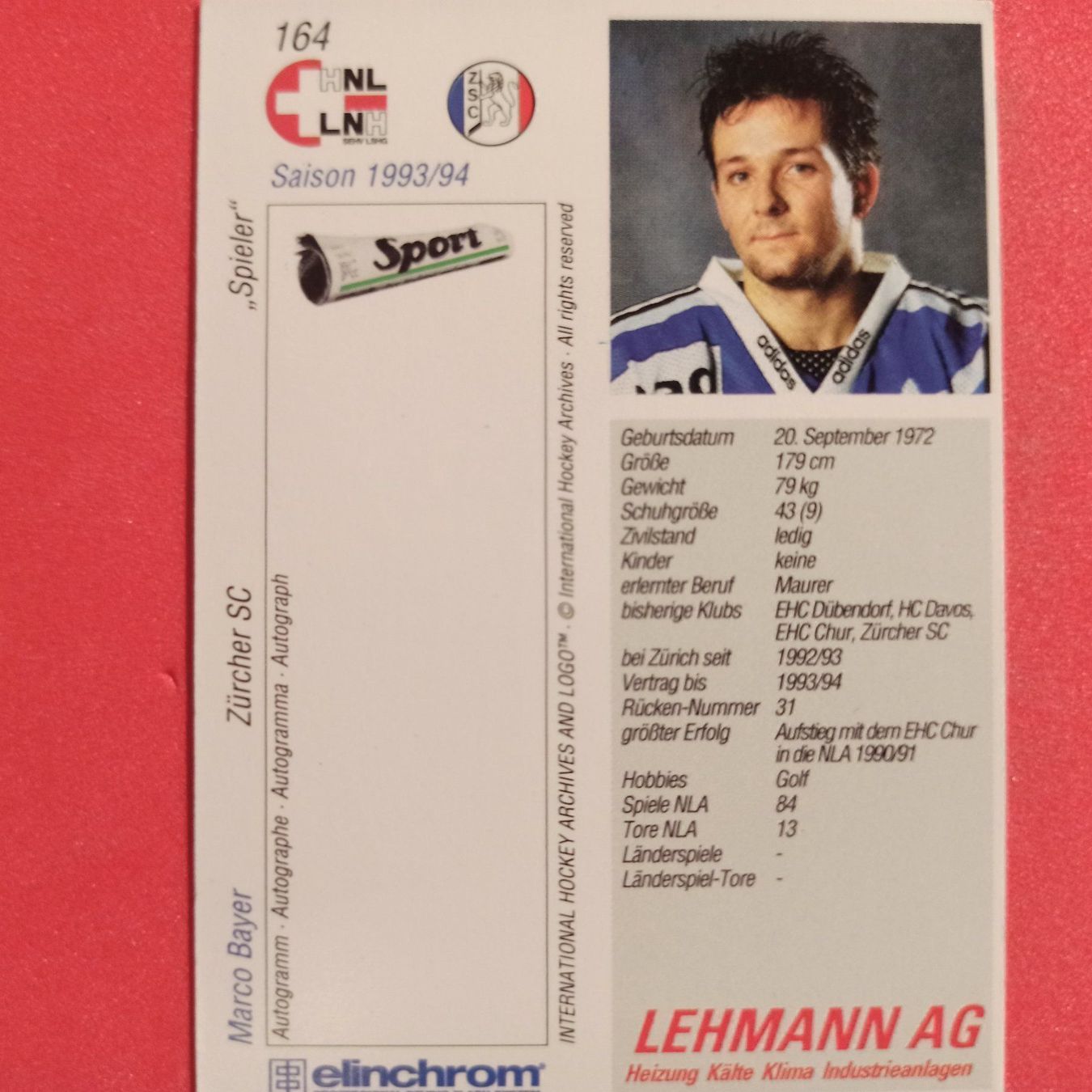 Carte collezionabili: Marco Bayer - ZSC - 1993/94 – Usato da Dübendorf venduto da kb86_MOVIE 1