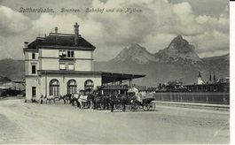 Gotthardbahn - BRUNNEN Bahnhofplatz und die Mythen SZ 1906!