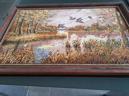 Wandbild / Gobelin mit Holzrahmen, Entenmotiv, Herbst 60×90
