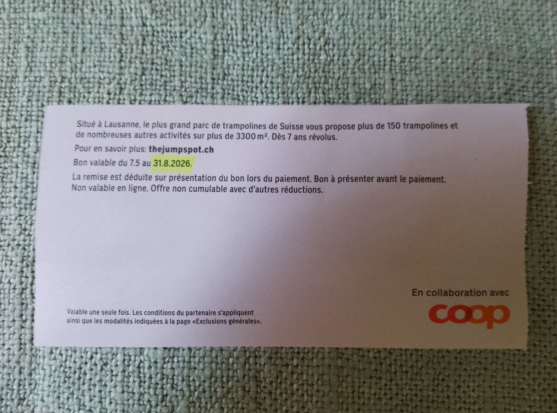 Buoni: Bon réduction 30% The Jump Spot Lausanne 31.8.2026 – Nuovo e nell'imballaggio originale da Dombresson venduto da sev_bsb8 1