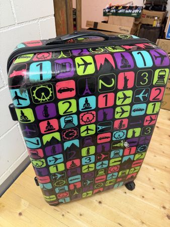 Reisekoffer mit Reisemotiv bunt gebraucht mit Gebrauchsspure