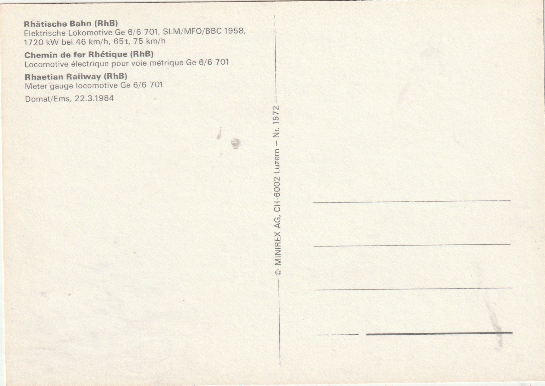 Ansichtskarten: Look RHB bei Domat Ems um 1984 – Gebraucht aus Lumbrein von made02 1