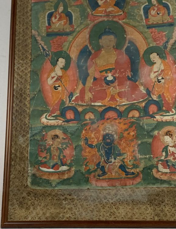 Tibetisches Thangka Buddha Gemälde - Handgemalter Brokat Wandteppich 35x27cm