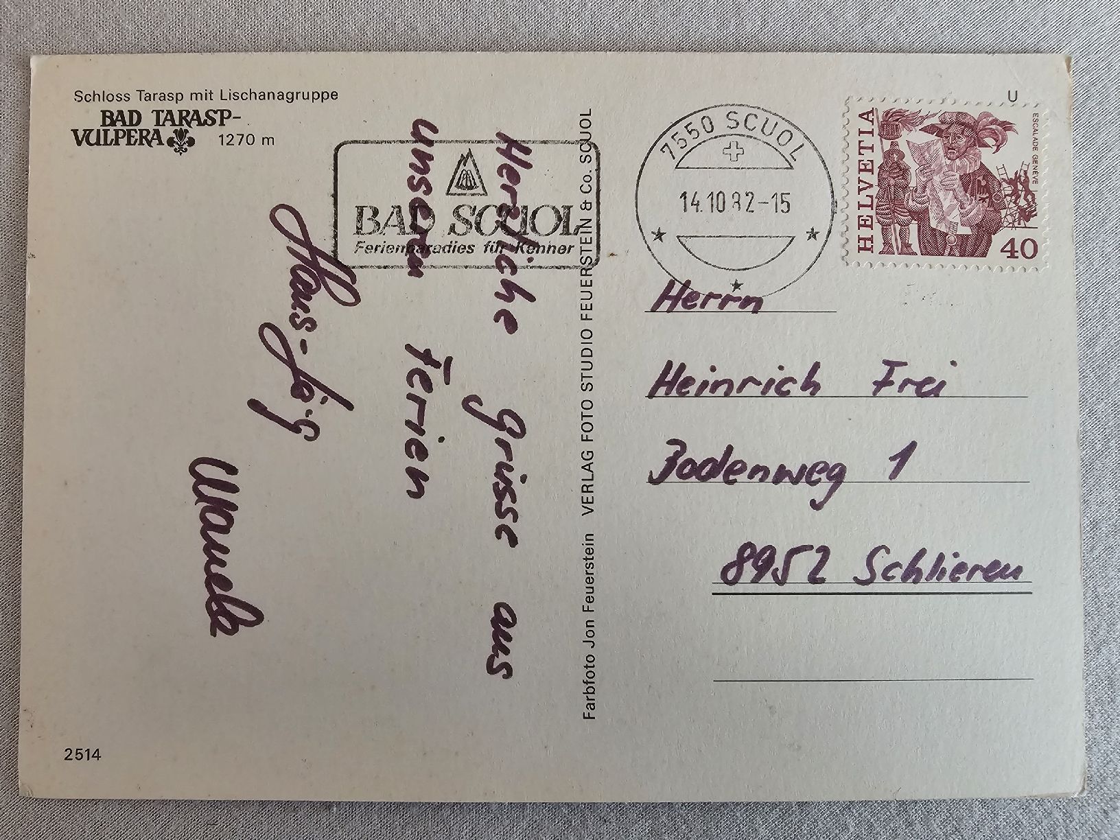 Cartoline postali: Postkarte Schloss Bad Tarasp 1982 – Usato da Bütschwil venduto da Taranabo 1