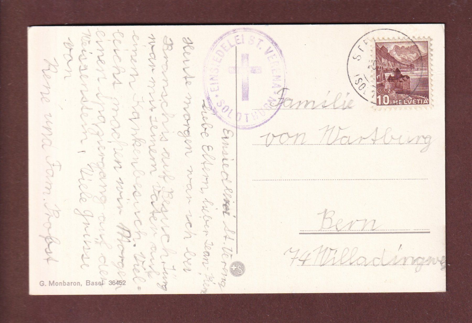 Cartoline postali: SOLOTHURN - Einsiedeli St. Verena - 1940 – Usato da Pully venduto da nicecards 1