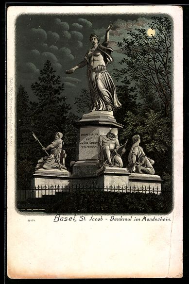 Cartoline postali: Lithographie Basel, St. Jacob, Denkmal im Mondschein – Usato da Berlin venduto da bartko-reher