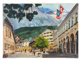 SAM peinture huile Place du village de Loèche-les-Bains