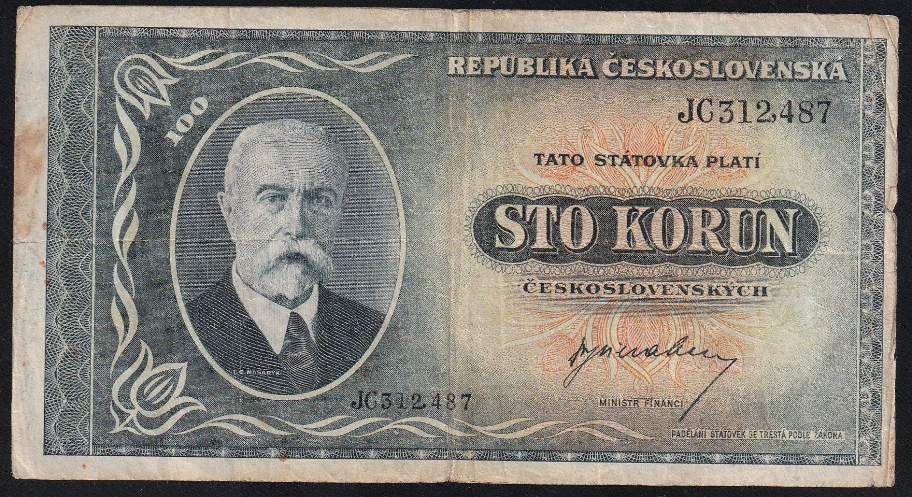 Banknoten: Tschechoslowakei 100 Korun 1945 – Gebraucht aus Brugg AG von banknoten_muesli