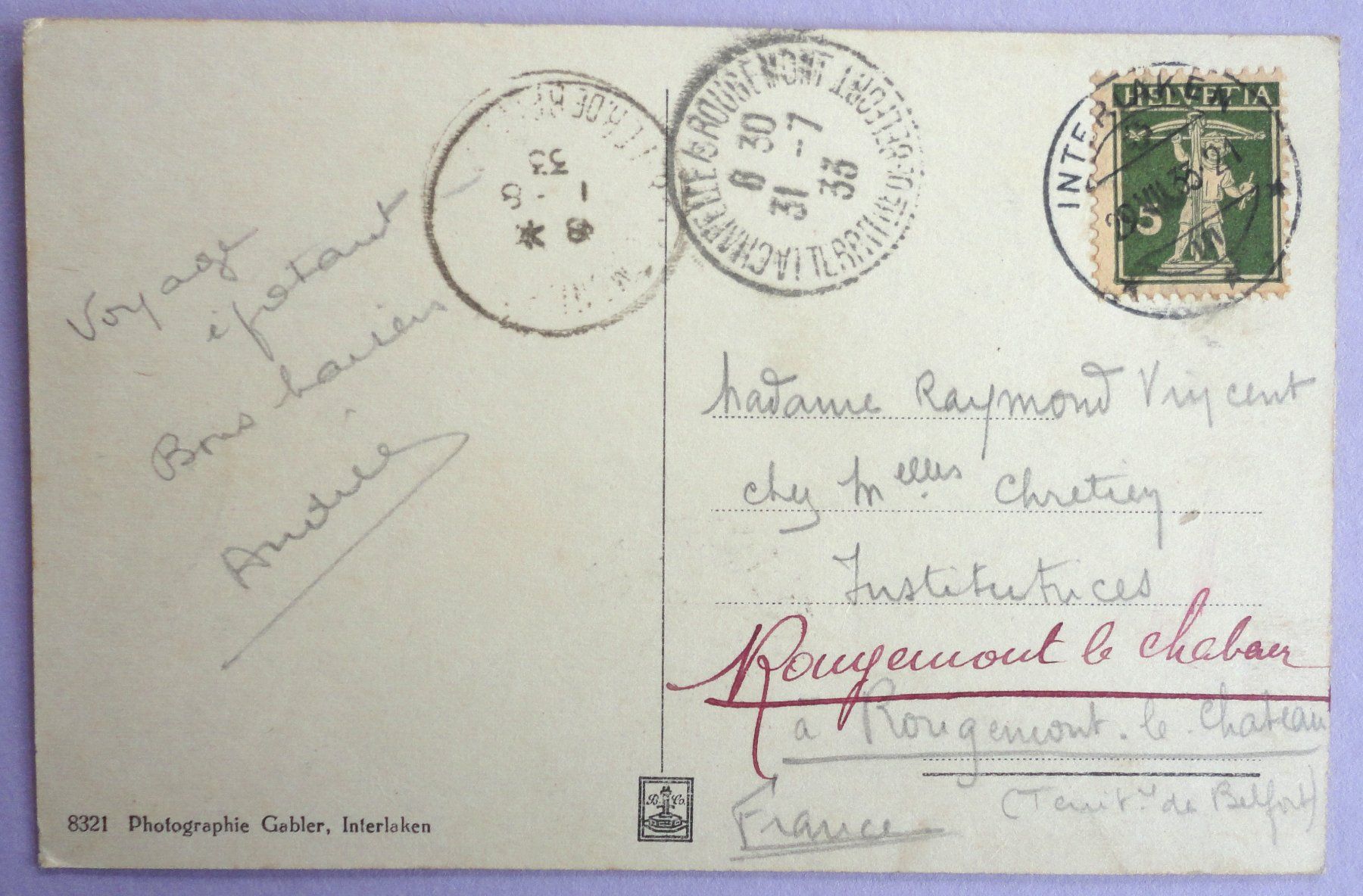 Cartoline postali: Interlaken - Die Jungfrau – Usato da Fétigny venduto da Billy2miny 1
