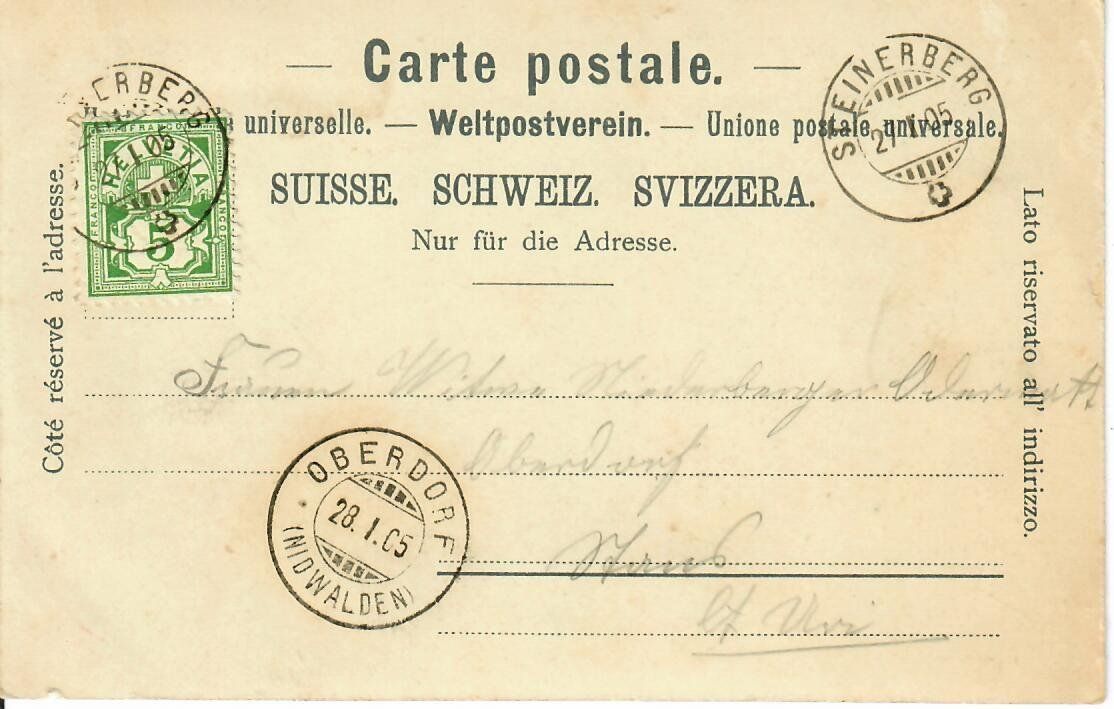 Ansichtskarten: Gruss aus Steinerberg 1905 – Gebraucht aus Hochdorf von Ziegel-16 1