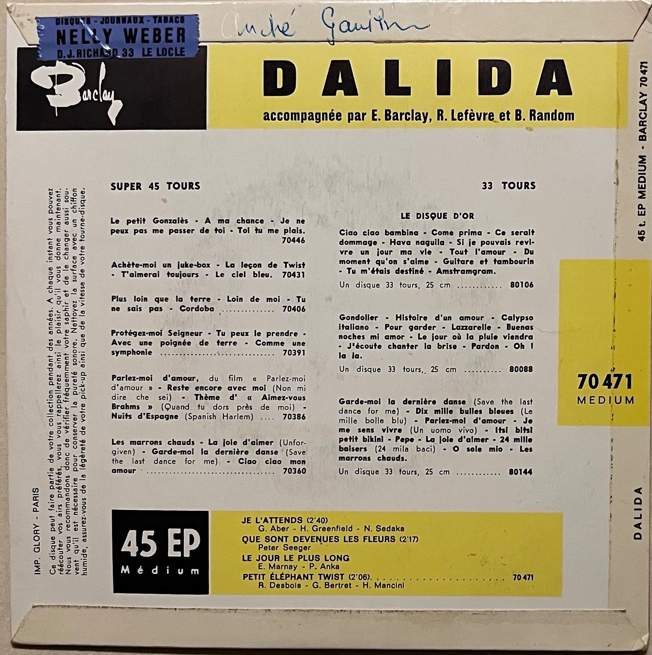 Schallplatten: DALIDA - JE L’ATTENDS – Gebraucht aus Bussigny von vinyl-pas-cher 1