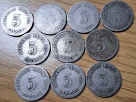 Deutsches Reich 5 Pfennig 1874/98 - Lot 10 Stück!