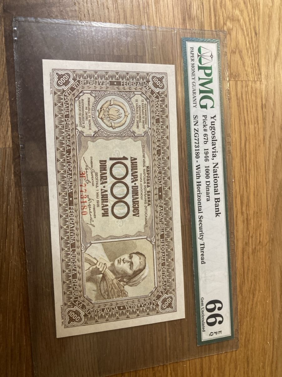 Banconote: Billet 1000 dinars 1946 grade UNC 66 – Nuovo e nell'imballaggio originale da Villars-sur-Glâne venduto da Graca03 1