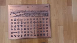 Kupferplatte mit Panoramablick Basel mit Fasnachtsplaketten