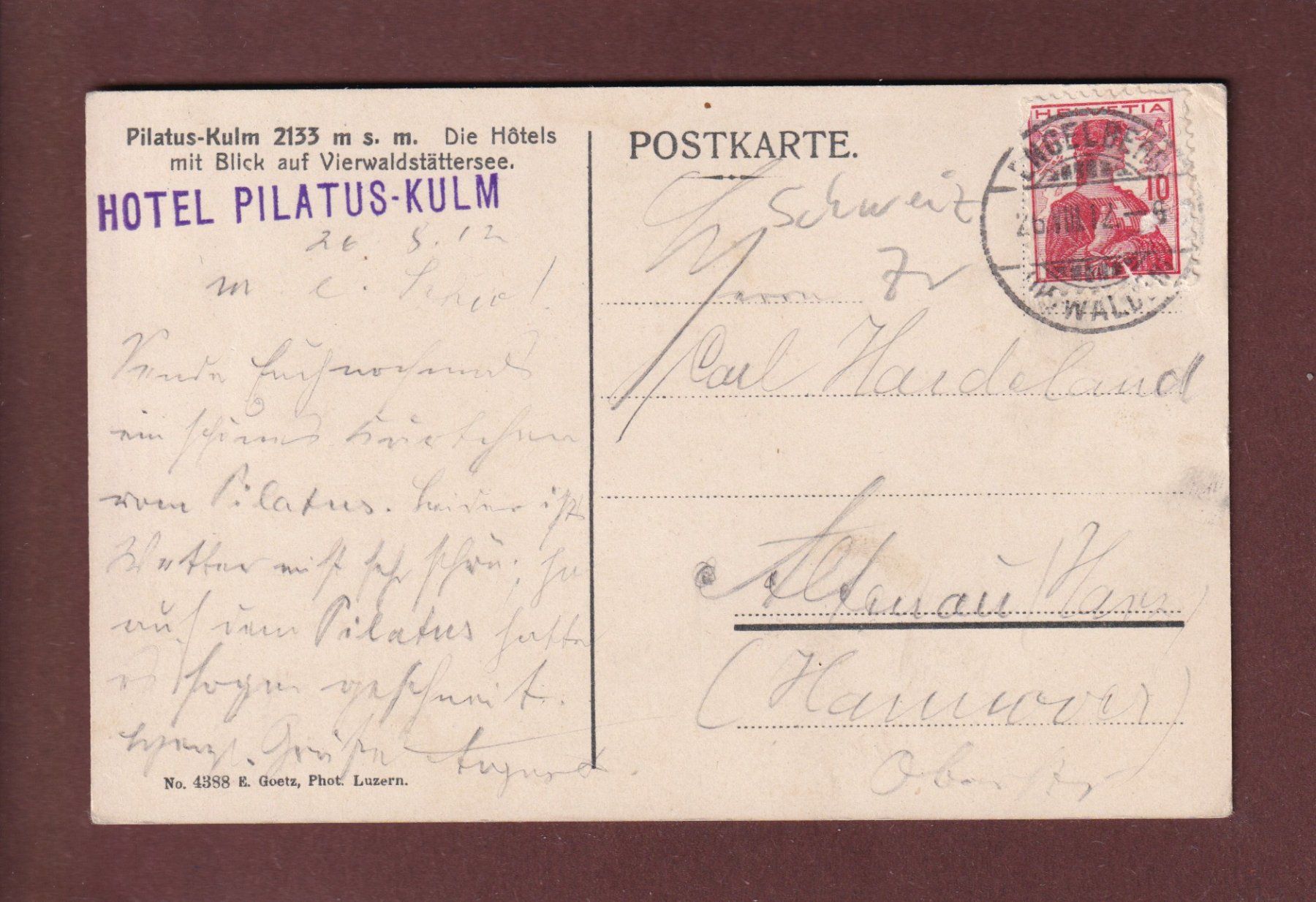 Cartoline postali: PILATUS-KULM - 1912 – Usato da Pully venduto da nicecards 1
