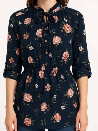 🌿 Colloseum Bluse S navy Blumen 3/4-Arm Rüschenkragen damen