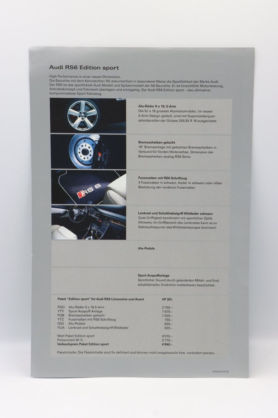 Audi Documenti: Audi RS6 C5 Edition Sport 2004 Prospekt – Usato da Bühl b.Aarberg venduto da Collectorpassions 1