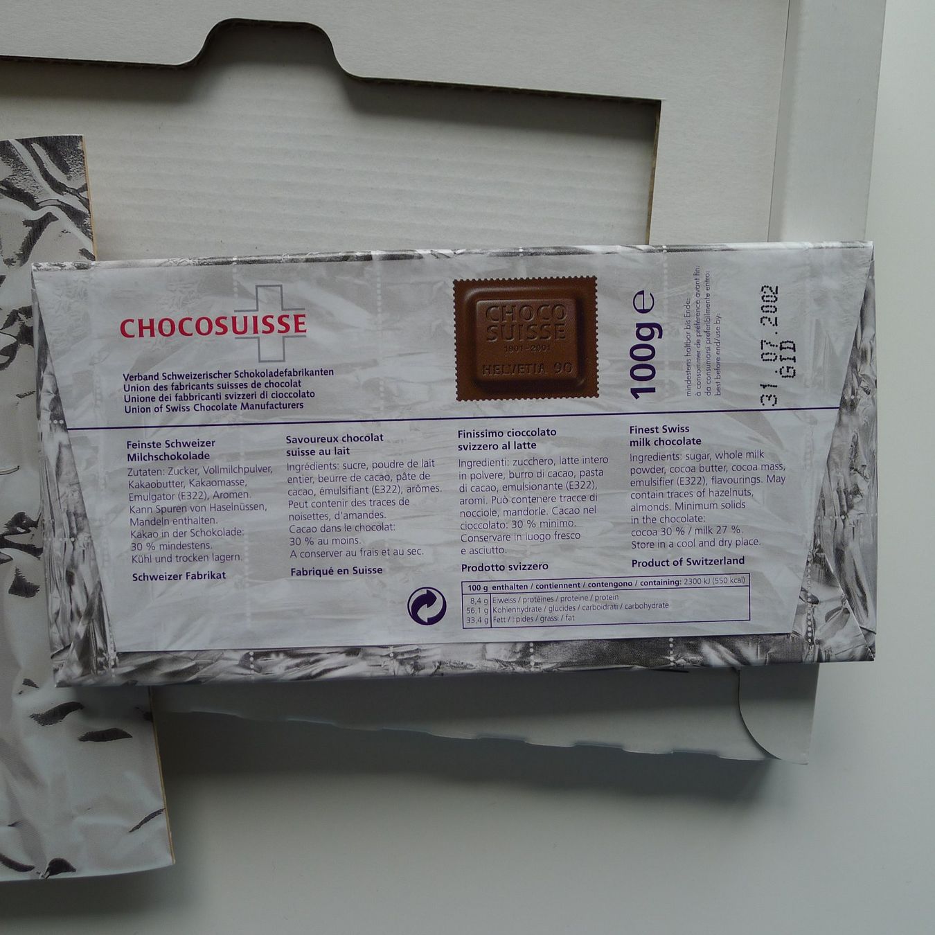 Tutti i francobolli: 1024 OZ, CHOCO SUISSE, Block ** mit echter Schokolade, 2001 – Usato da Ebikon venduto da SilvioFreund 2